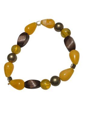 Retrod Beaded Stretch Bracelet Brown Yellow Beads Mixed Shapes Fashion Jewelry